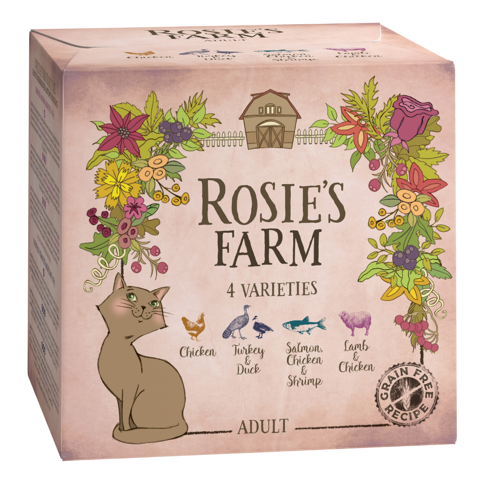 foto del prodotto rosie s farm adult 4 x 100 g pacco misto umido per gatti 4 gusti pollo, tacchino anatra, salmone pollo, agnello pollo