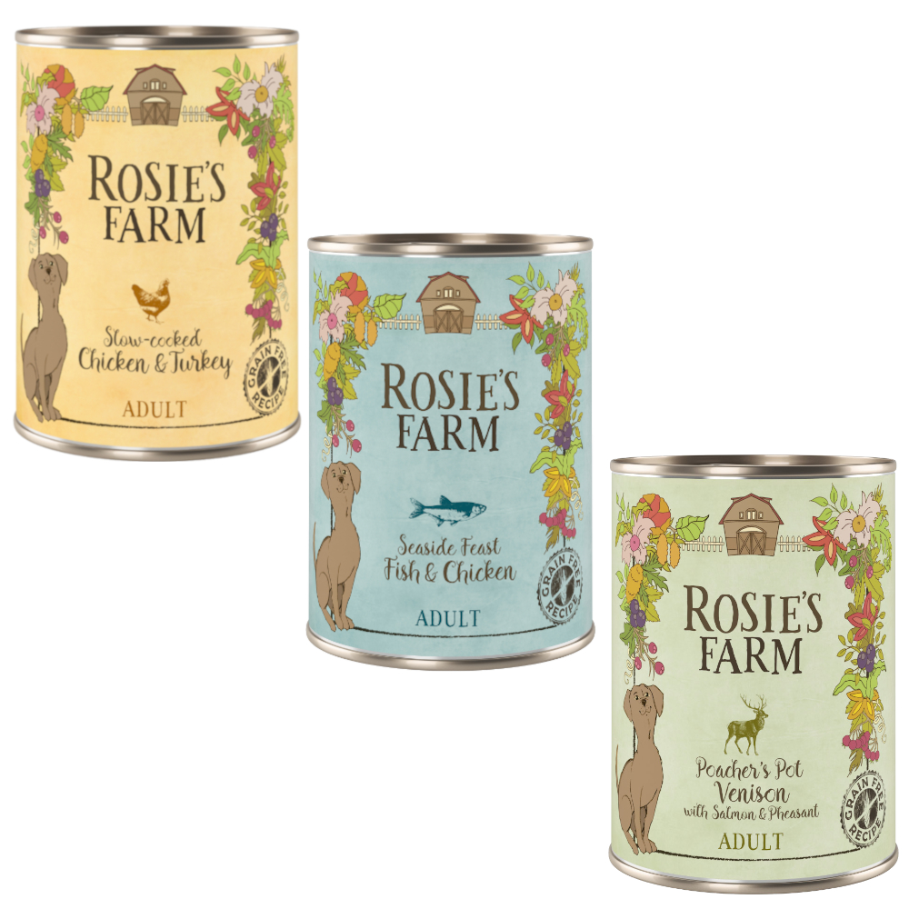 foto del prodotto rosie's farm adult 6 x 400 g umido cane - mix: 2 x pollo &amp; tacchino, 2 x selvaggina, 2 x pesce &amp; pollo