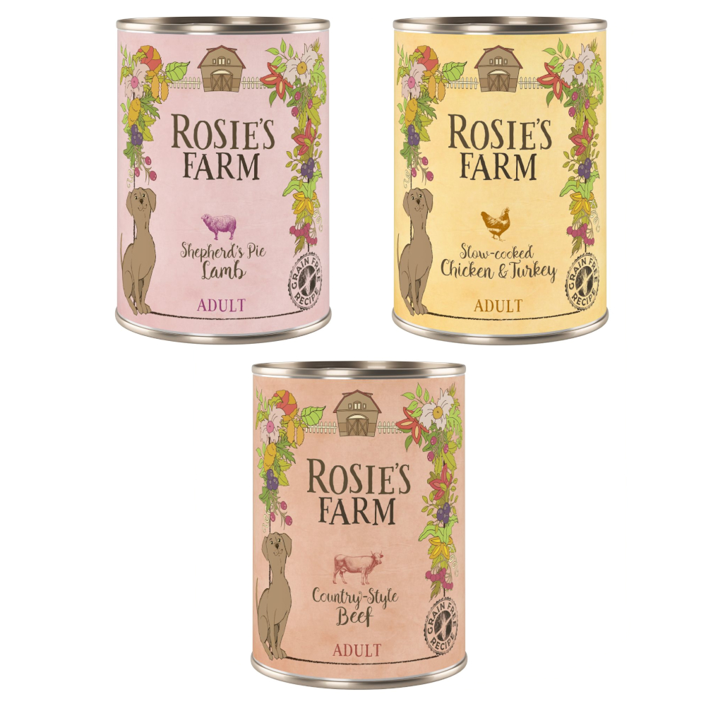 foto del prodotto rosie s farm adult 6 x 400 g umido cane mix 2 x pollo tacchino, 2 x manzo , 2 x agnello