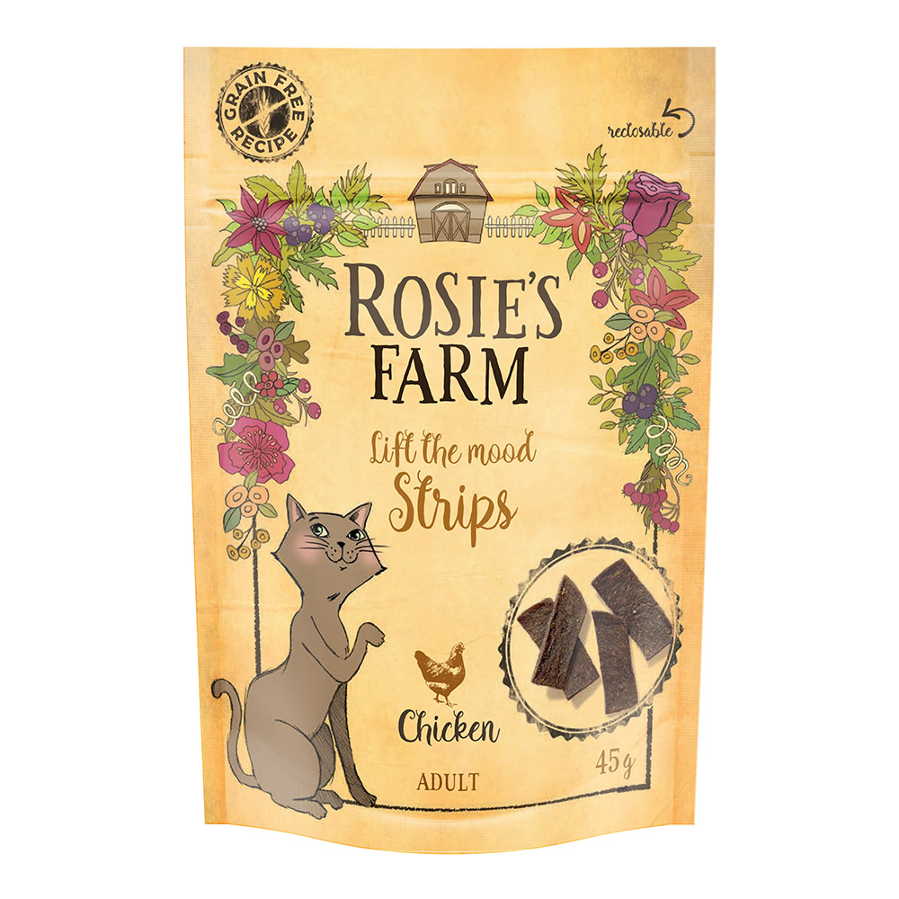 foto del prodotto rosie's farm ""strips"" pollo snack per gatti - set %: 5 x 45 g