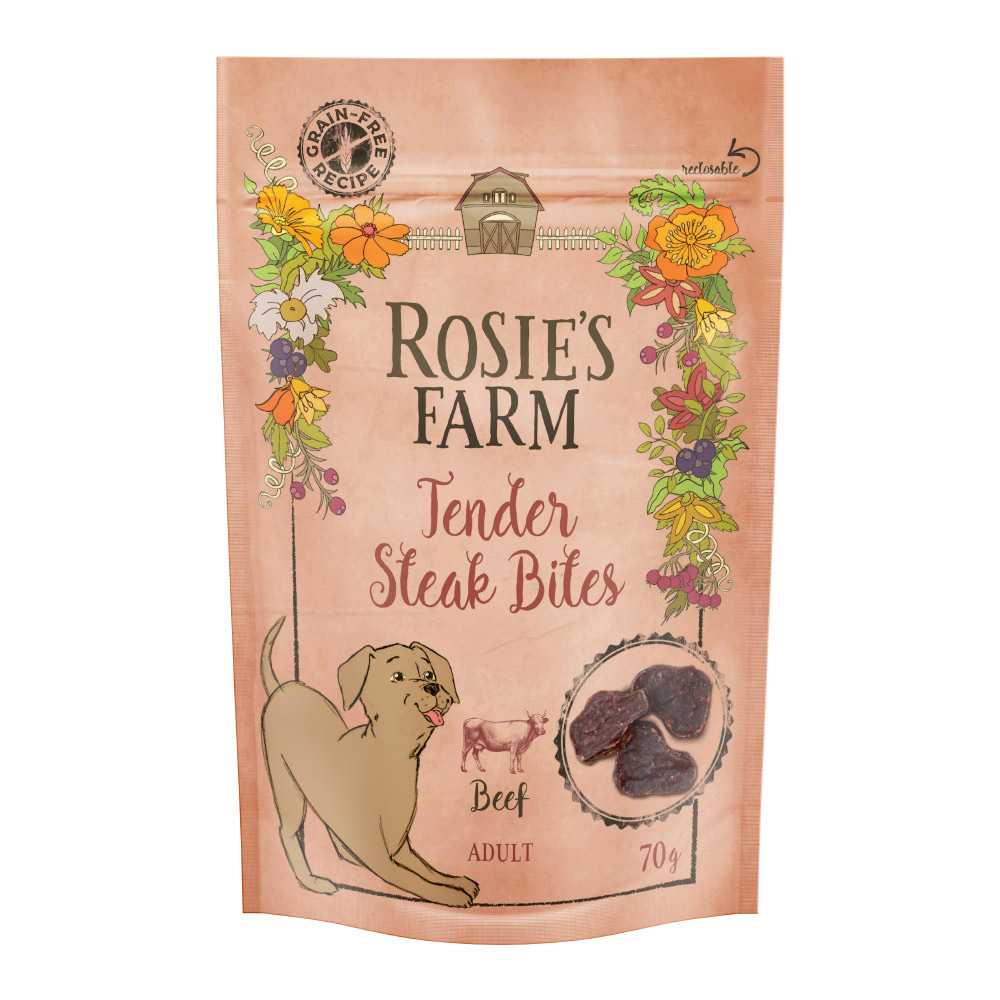 foto del prodotto rosie s farm tender steak bites manzo snack per cani 70 g