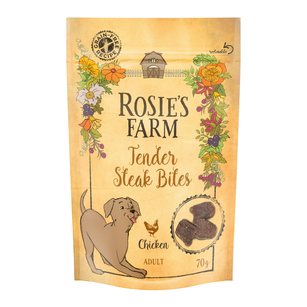 foto del prodotto rosie's farm tender steak bites - pollo snack per cani - set 3 x 70 g