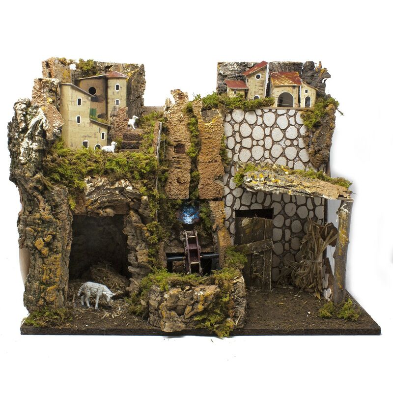 foto del prodotto rossi rosa capanna presepe con luci e mulino ad acqua 45x30 cm 11627