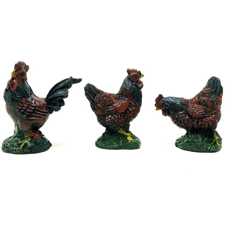 foto del prodotto rossi rosa galli e galline in resina per presepe 3 pezzi 4x2,5x5 cm