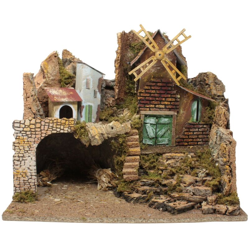 foto del prodotto rossi rosa paesaggio presepe con luci e mulino a vento 45 x 30 cm 11368