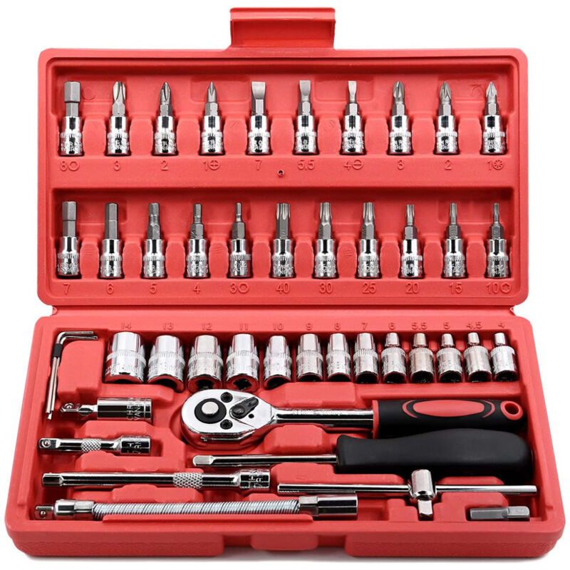 foto del prodotto rosso set di chiavi a cricchetto da 1 4 di pollice da 46 pezzi con set di bussole metriche e barra di prolunga per la riparazione di auto