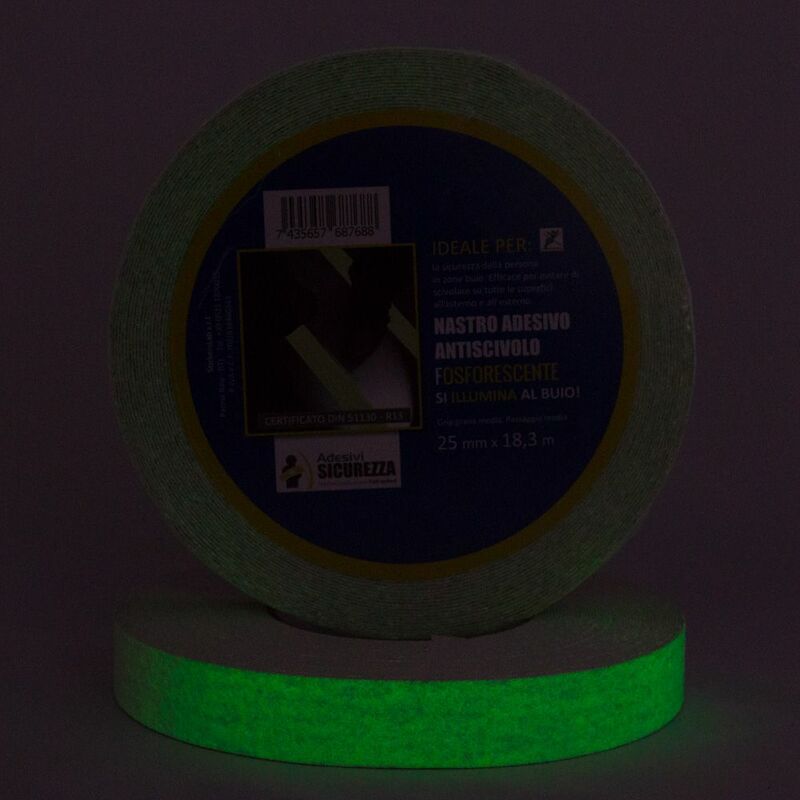 foto del prodotto rotoli di adesivo antiscivolo fluorescente luminescente che si illuminano al buio packaging 25 mm x 18,3 mt 1 rotolo 