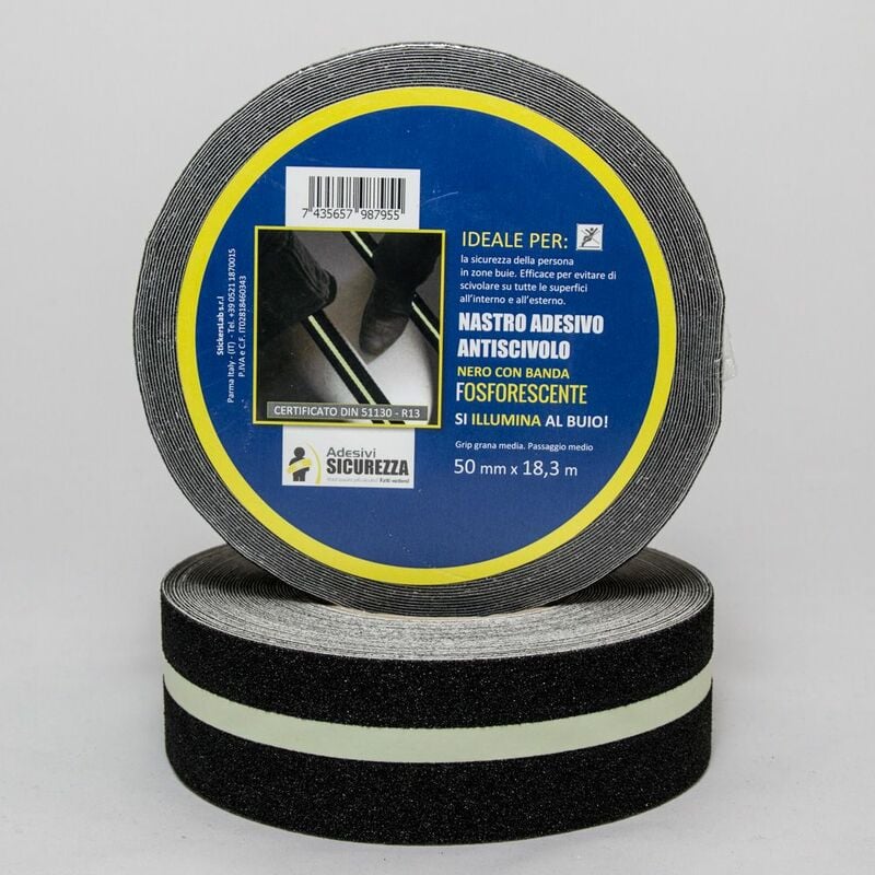 foto del prodotto rotoli di adesivo antiscivolo nero con banda fotoluminescente packaging 50 mm x 18,3 mt 1 rotolo 