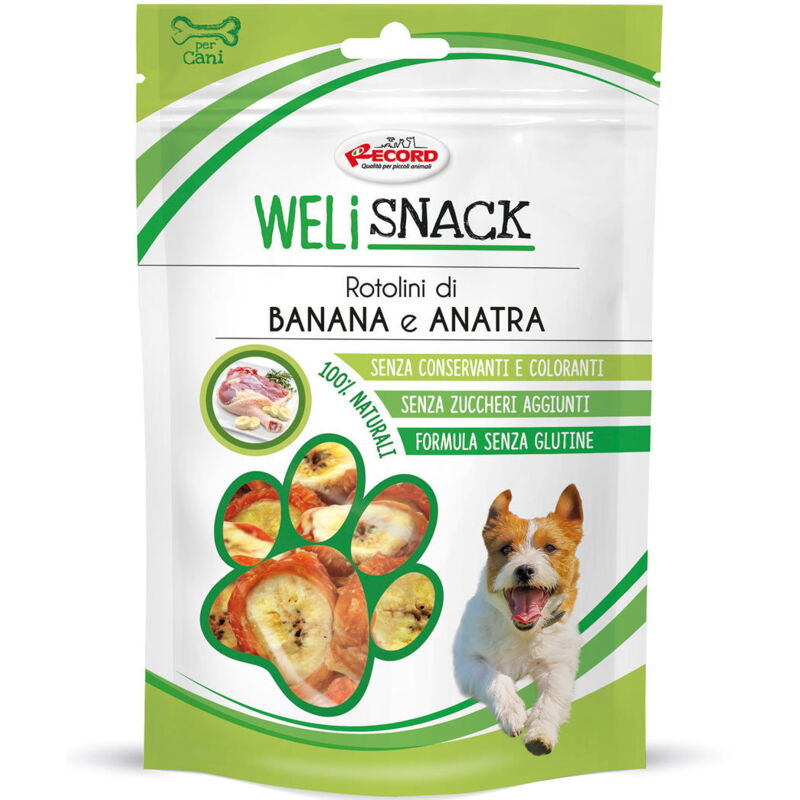 foto del prodotto rotolini di anatra e banana weli snack fonte di potassio e vitamine per cani