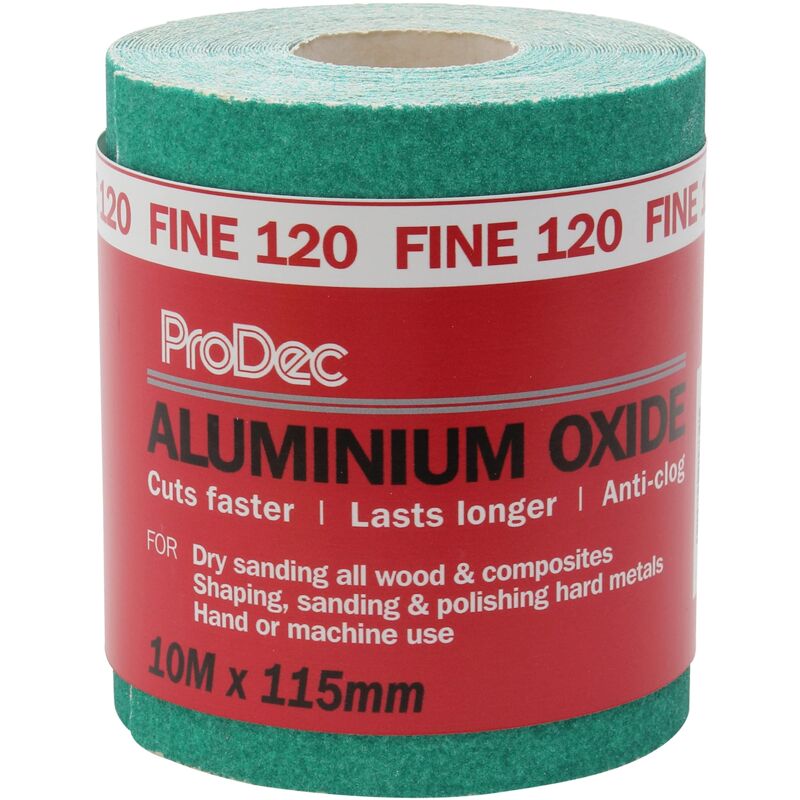 foto del prodotto rotolo da 10 m di carta abrasiva in ossido di alluminio verde grana fine 120, per levigare legno, vernice, intonaco, stucco, metallo e altro ancora,