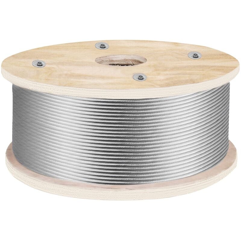 foto del prodotto rotolo di cavo acciaio inox lunghezza 152m corda in acciaio inox 4,8mm appeso bobina di filo 1x19 fili forza resistenza alla rottura max. 1905,1kg,