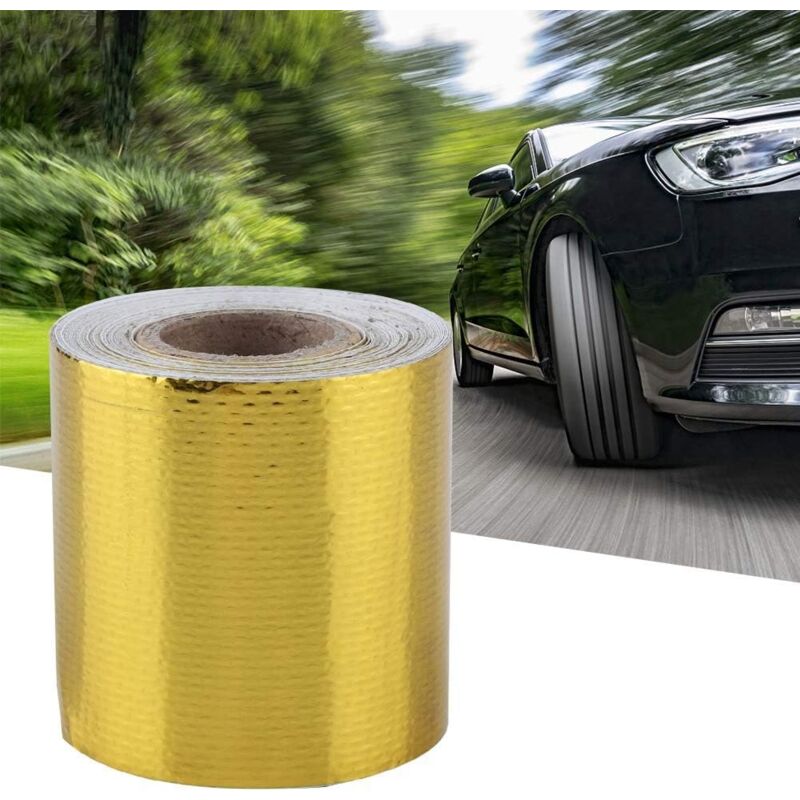 foto del prodotto rotolo di nastro adesivo autoadesivo in lamina di alluminio riflettente dorato da 5 cm x 5 m, resistente alle alte temperature e con isolamento