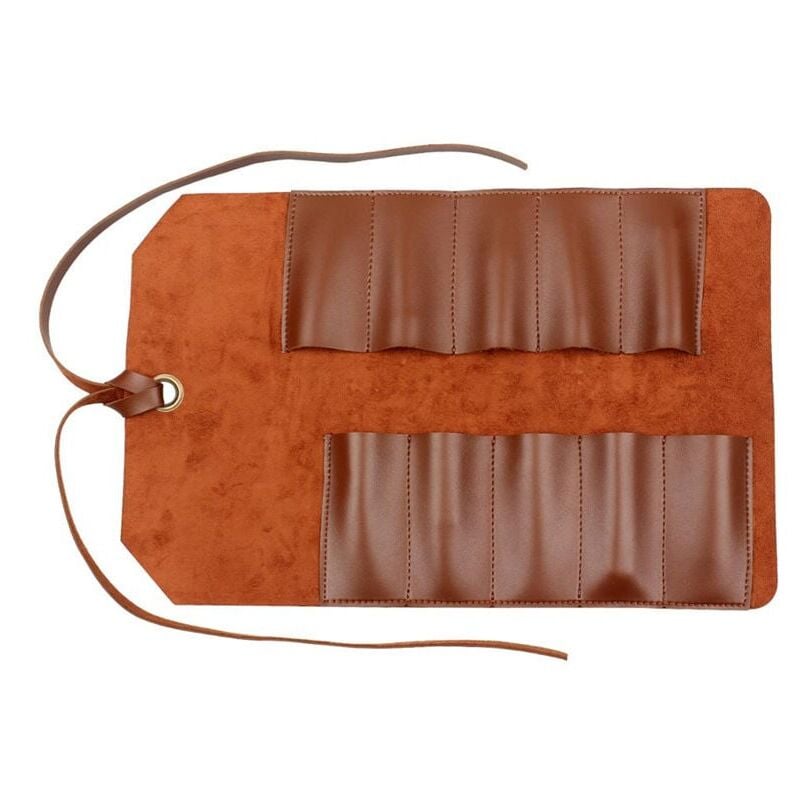 foto del prodotto rotolo portautensili, borsa in pelle, 10 tasche, organizer multiuso, borsa avvolgente per chiavi per lavorazione del legno, marrone chiaro, borsa