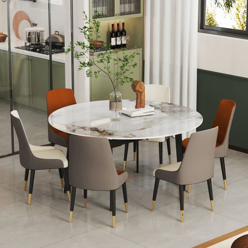 foto del prodotto rotondo tavolo allungabile sala da pranzo marmo 103x80 130cm per 4 6 persone, bianco smeraldo freddo colore pietra sinterizzata