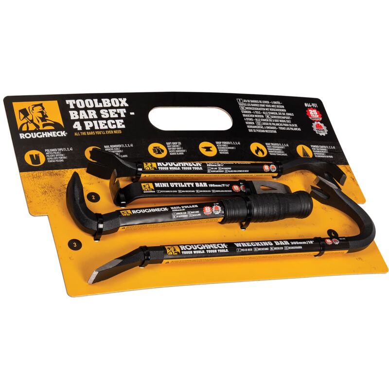 foto del prodotto rou64951 toolbox bar 4 piece set including wrecking bar 12in , nail puller 9in , floorboard puller 10 in mini utility bar 7 in roughneck