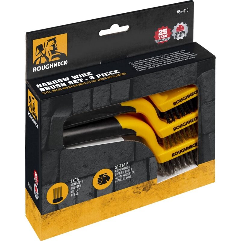 foto del prodotto roughneck 52010 set di spazzolini metallici con setole in nylon, acciaio inox e ottone, impugnatura morbida, ideale per pulire piccole superfici,