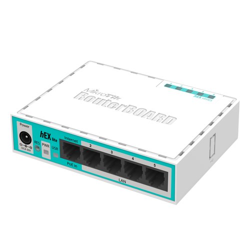 foto del prodotto router mikrotik hex lite with 850mhz cpu, 64mb ram, 5 lan ports, routeros l4, plastic case, psu