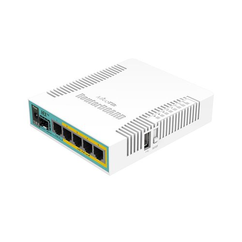 foto del prodotto router mikrotik hex poe with 800mhz cpu, 128mb ram, 5x gigabit lan four with poe out , usb, routeros l4, plastic case and psu