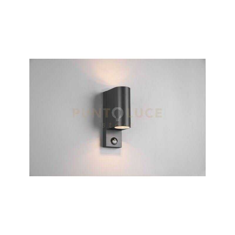 foto del prodotto roya applique da esterno fusione alluminio stondata antracite a bi emissione con sensore di movimento ip44 h.22cm 2 luci attacco gu10