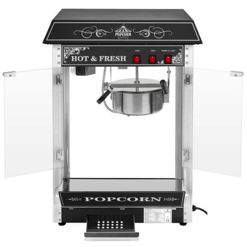 foto del prodotto royal catering macchina per popcorn nera in ferro rivestito con carretto e accessori 5 kg h