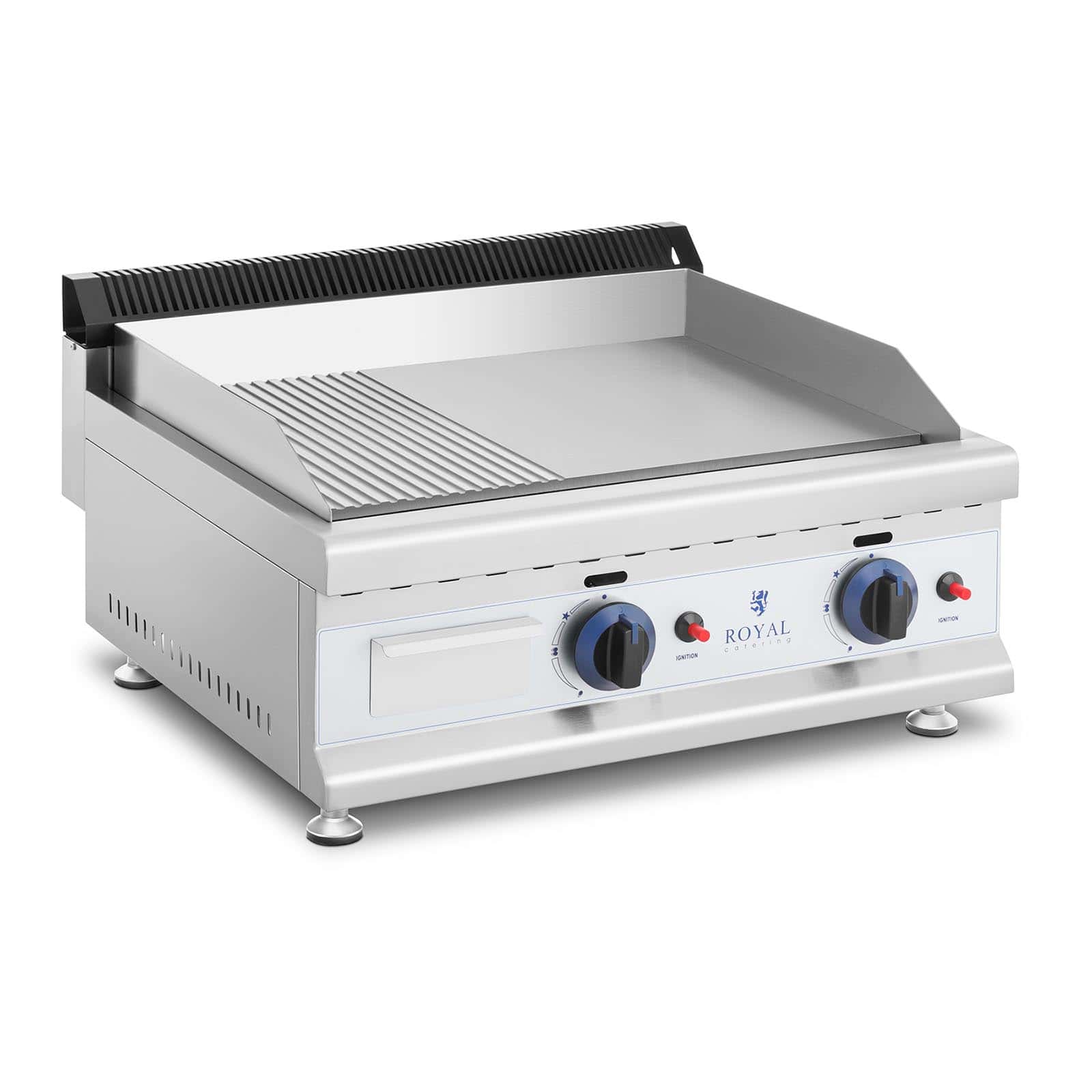 foto del prodotto royal catering piastra a gas in acciaio inox professional grill 60 cm 2 zone di cottura 2 x 3 100 watt piastra 60 x 40 cm 20 mbar gas naturale 50 300 c liscia scanalata scarico grassi 14 0004037