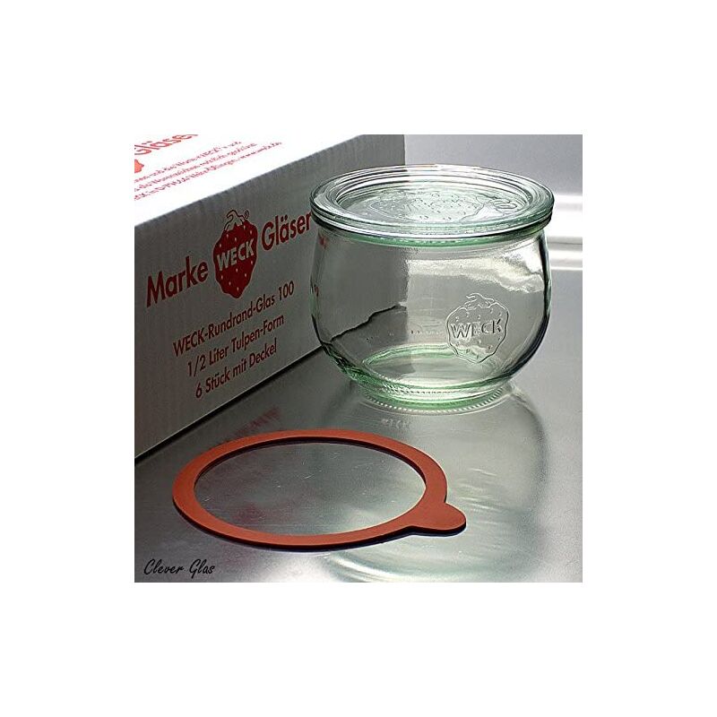 foto del prodotto rr100 set of 6 vasetti di vetro of 500 ml, con coperchio di vetro of, anelli e fascette weck
