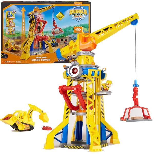 foto del prodotto rubble &amp; crew, torre del cantiere generale, set di gioco con personaggio di rubble, luci e suoni, bulldozer giocattolo e sabbia inclusi, giocattoli per bambini e bambine dai 3 anni in su