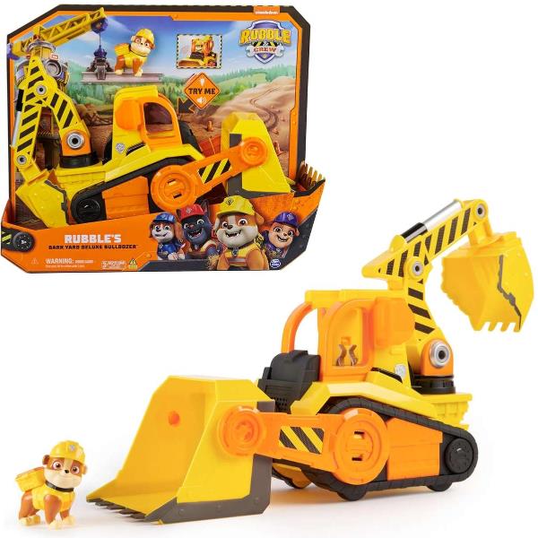 foto del prodotto rubble crew, veicolo da lavoro deluxe di rubble, bulldozer da cantiere con luci, suoni e personaggio, giocattoli per bambini e bambine dai 3 anni in su