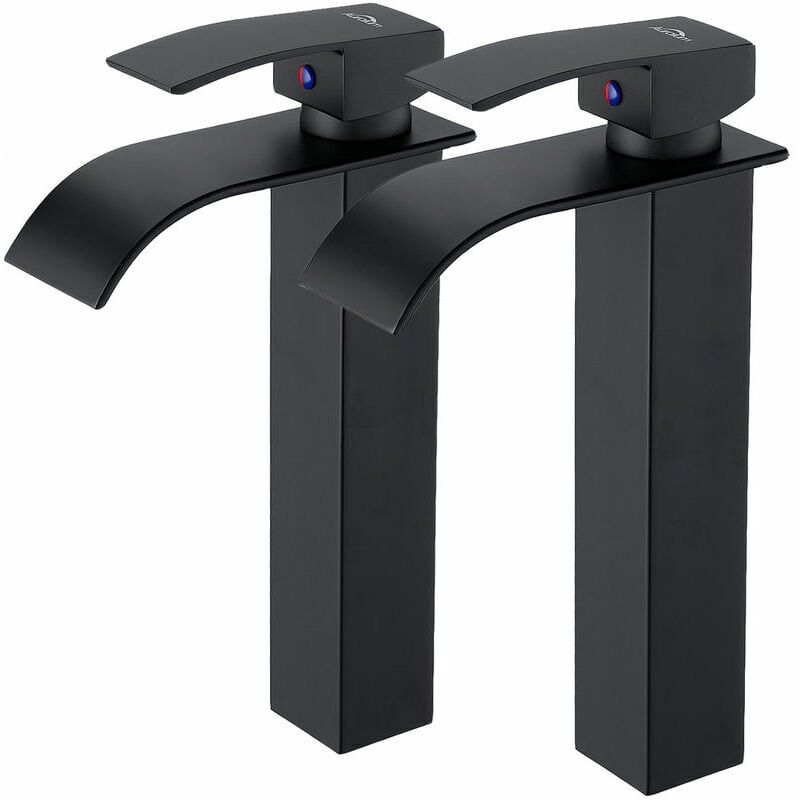 foto del prodotto rubinetteria da bagno moderna a cascata, in ottone nero, con miscelatore per acqua calda e fredda, disponibile nella versione g 3 8.