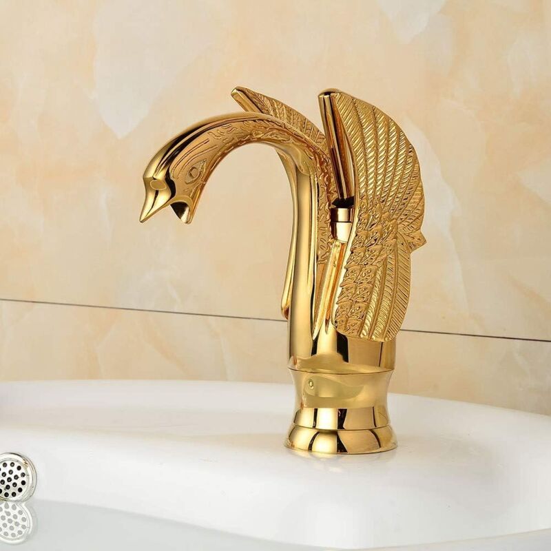foto del prodotto rubinetti per lavabo moderni gold swan, miscelatore per bagno in ottone elettroplaccato con bocca curva