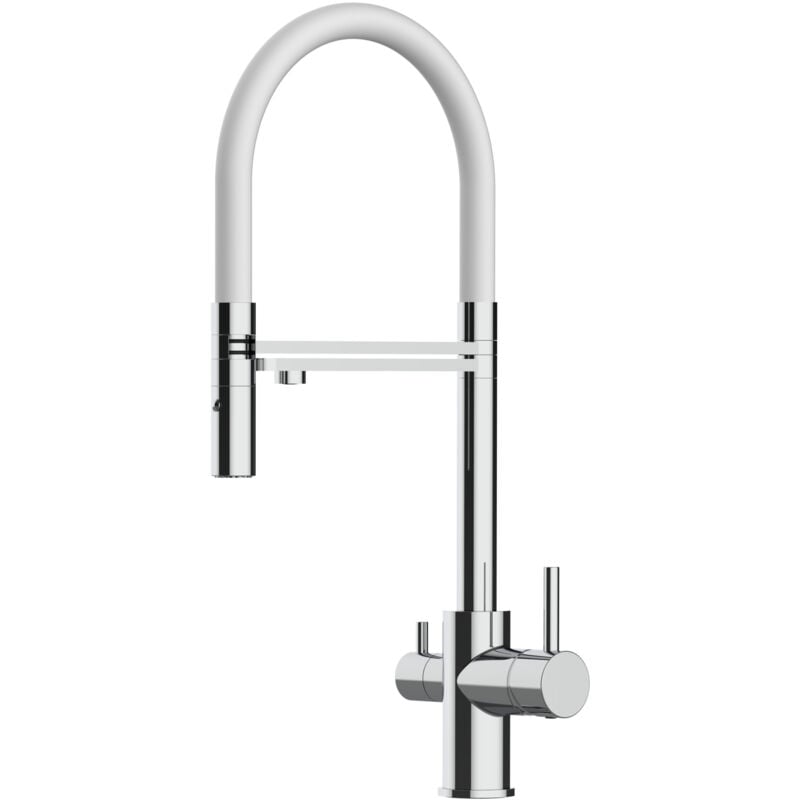 foto del prodotto rubinetto 3 vie miscelatore cucina cromato con canale separato per acqua filtrata, canna bianca movibile e doccia due getti staccabile