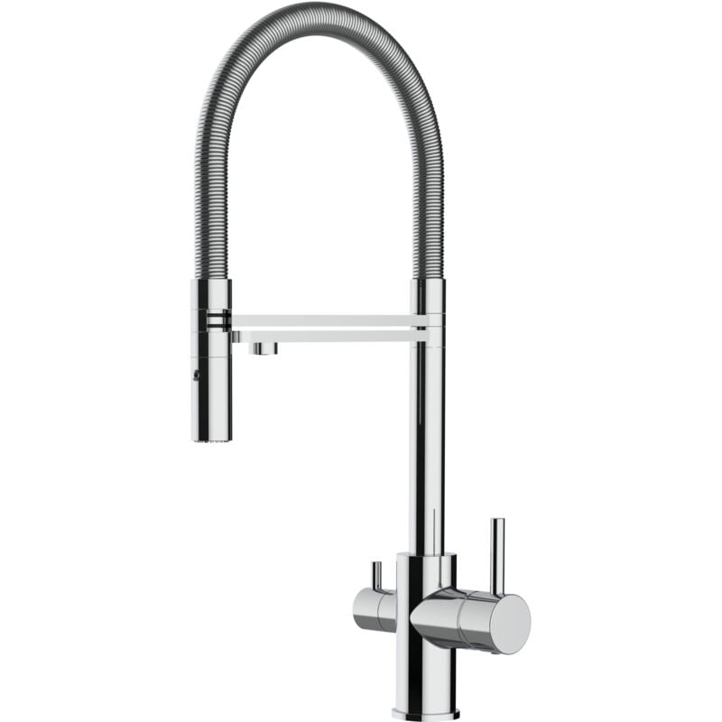 immagine 0 del prodotto rubinetto 3 vie miscelatore cucina cromato con canale separato per acqua filtrata, canna mollettone movibile e doccia due getti staccabile
