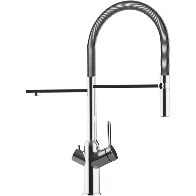 foto del prodotto rubinetto 3 vie miscelatore cucina cromato con canale separato per acqua filtrata, canna mollettone movibile e doccia due getti staccabile serie bod