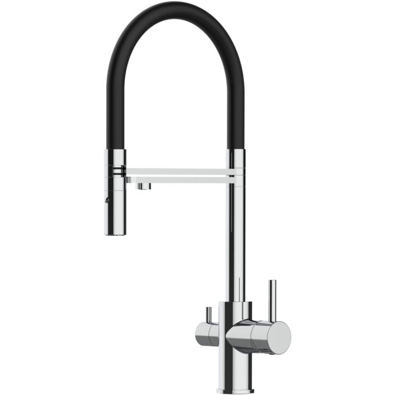 foto del prodotto rubinetto 3 vie miscelatore cucina cromato con canale separato per acqua filtrata, canna nera movibile e doccia due getti staccabile
