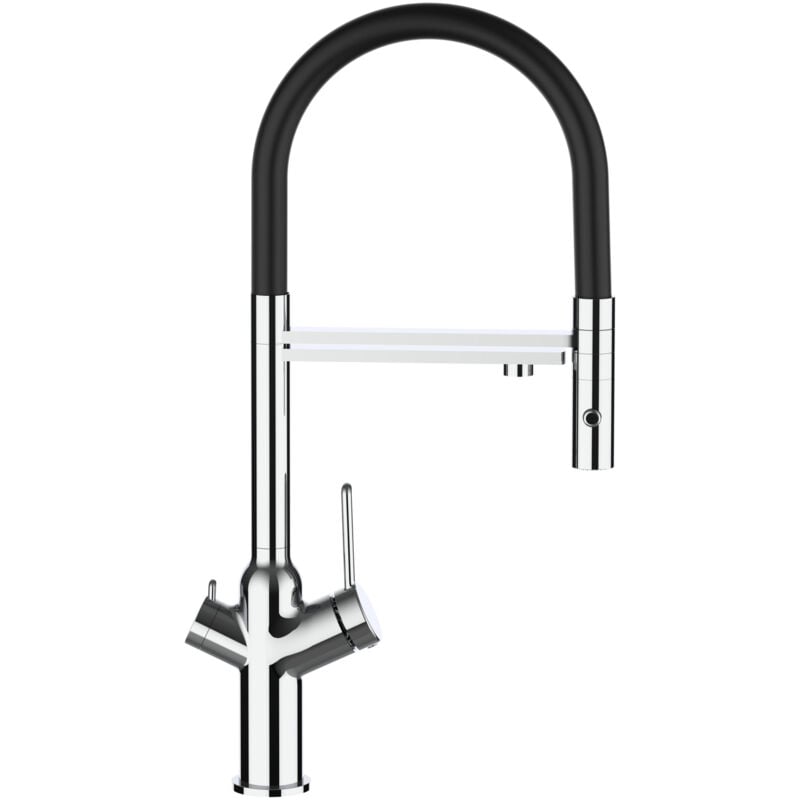 foto del prodotto rubinetto 3 vie miscelatore cucina cromato con canale separato per acqua filtrata, canna nera movibile e doccia due getti staccabile - serie bod