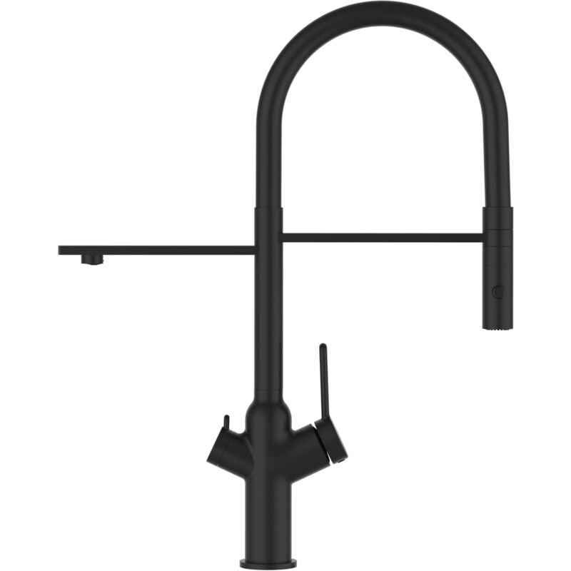 foto del prodotto rubinetto 3 vie miscelatore cucina nero opaco con canale separato per acqua filtrata, canna nera movibile e doccia due getti staccabile serie bod