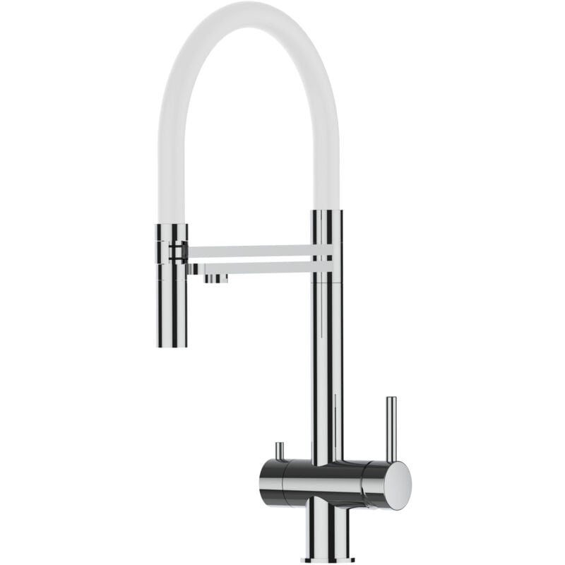 foto del prodotto rubinetto 3 vie miscelatore lavello cucina vizio in acciaio inox lucido canna bianca movibile e doccia due getti staccabile acciaio chirurgico