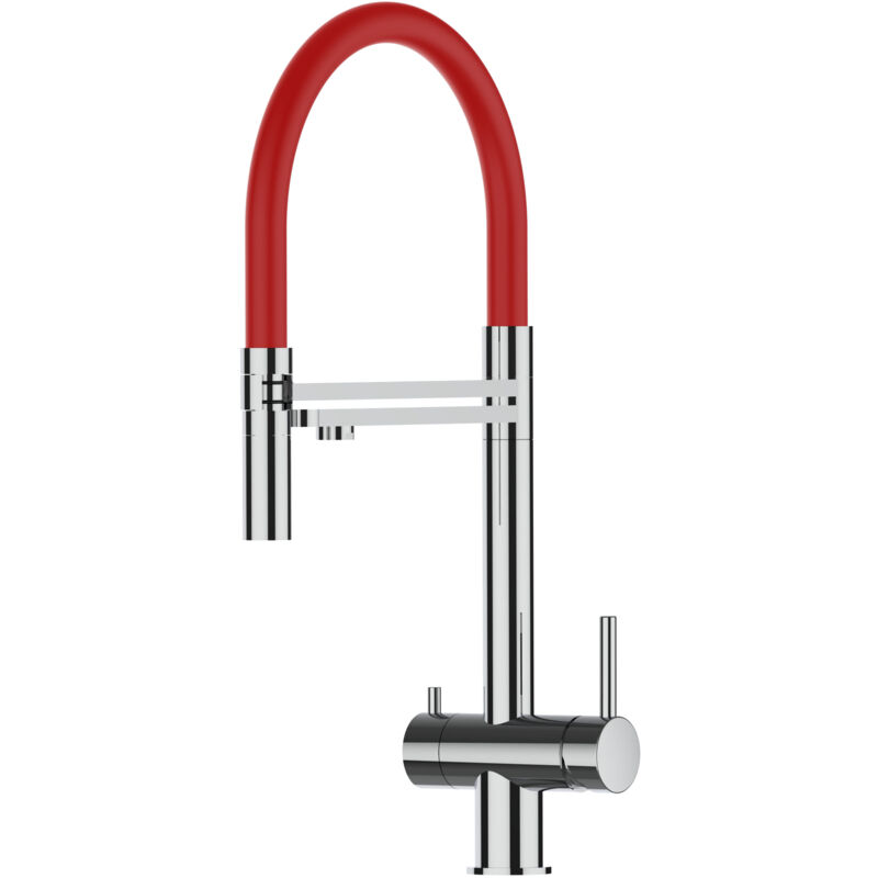 foto del prodotto rubinetto 3 vie miscelatore lavello cucina vizio in acciaio inox lucido canna rossa movibile e doccia due getti staccabile acciaio chirurgico