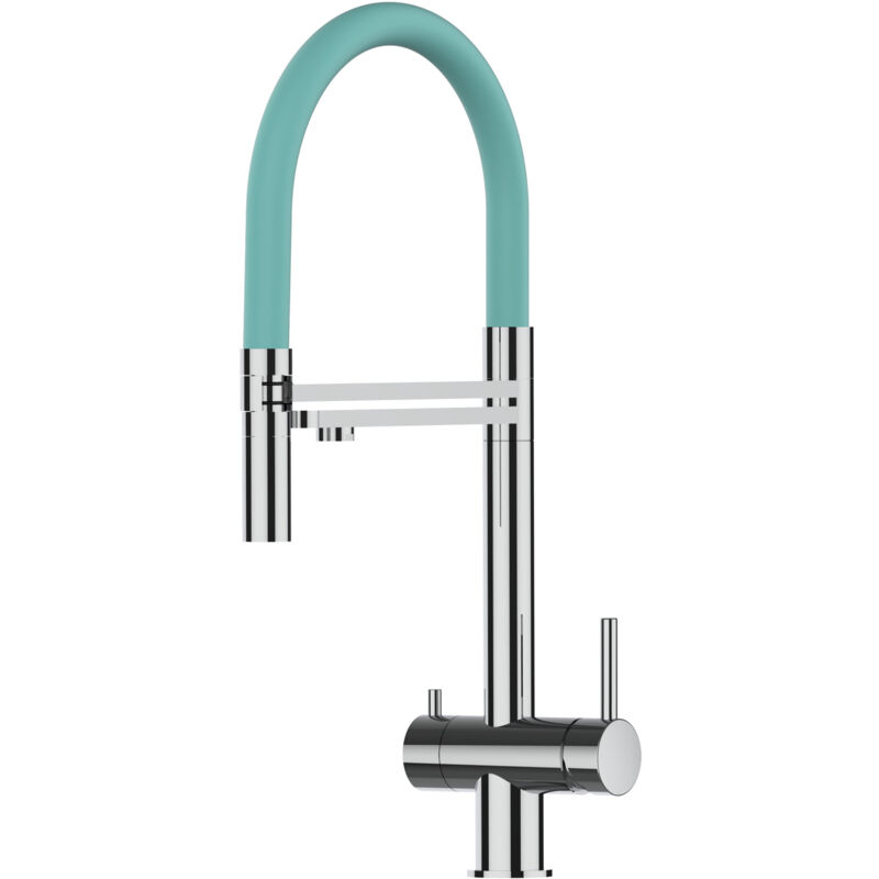 foto del prodotto rubinetto 3 vie miscelatore lavello cucina vizio in acciaio inox lucido canna turchese movibile e doccia due getti staccabile acciaio chirurgico