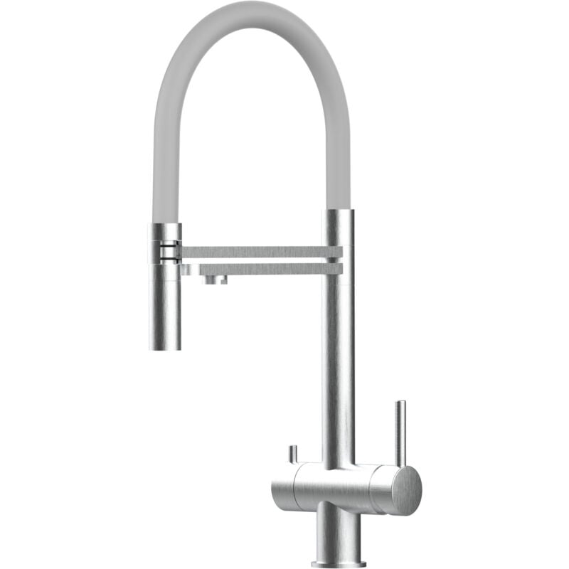 foto del prodotto rubinetto 3 vie miscelatore lavello cucina vizio in acciaio inox spazzolato canna grigia movibile e doccia due getti staccabile acciaio
