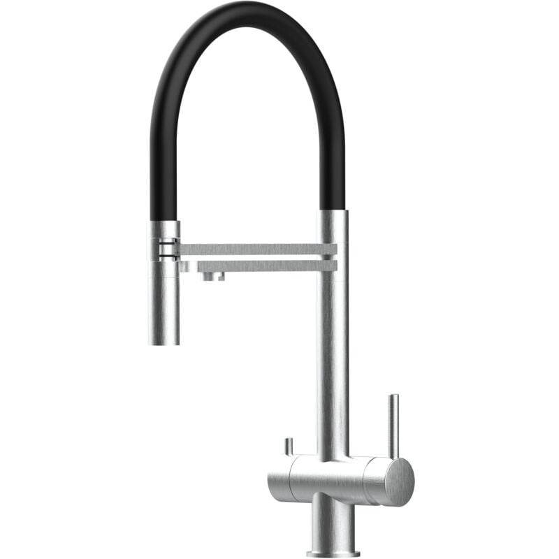 foto del prodotto rubinetto 3 vie miscelatore lavello cucina vizio in acciaio inox spazzolato canna nera movibile e doccia due getti staccabile acciaio chirurgico