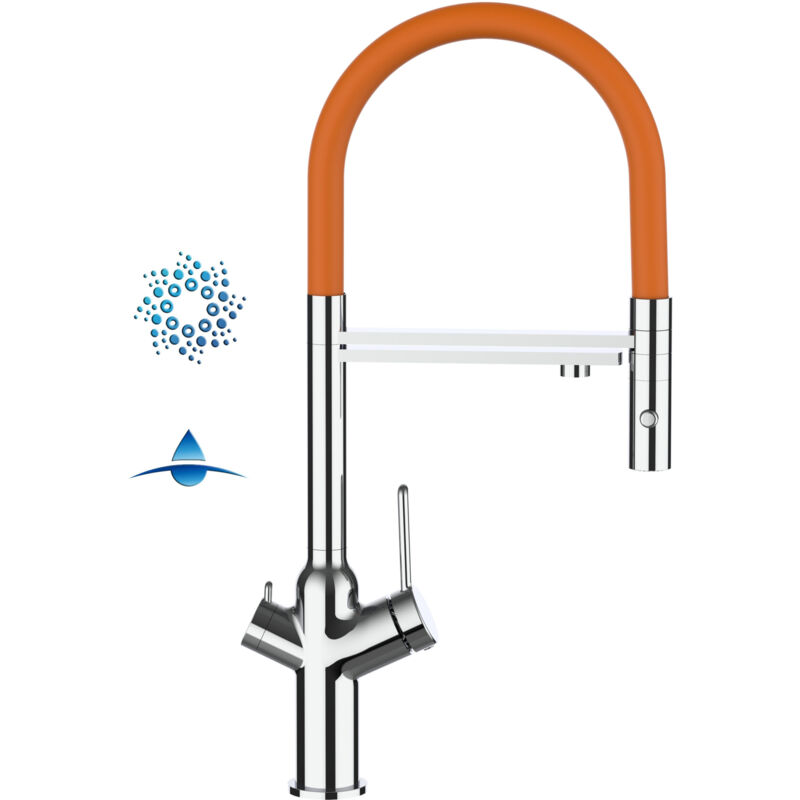 foto del prodotto rubinetto 4 vie miscelatore cucina cromato con canale separato per acqua filtrata, canna arancione movibile e doccia due getti staccabile - serie bod