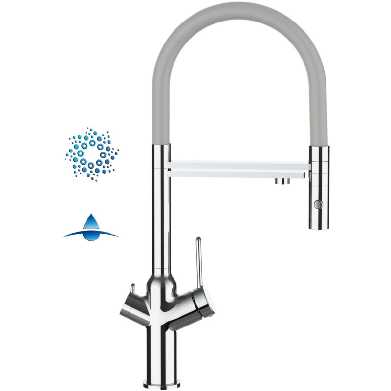 foto del prodotto rubinetto 4 vie miscelatore cucina cromato con canale separato per acqua filtrata, canna grigia movibile e doccia due getti staccabile serie bod