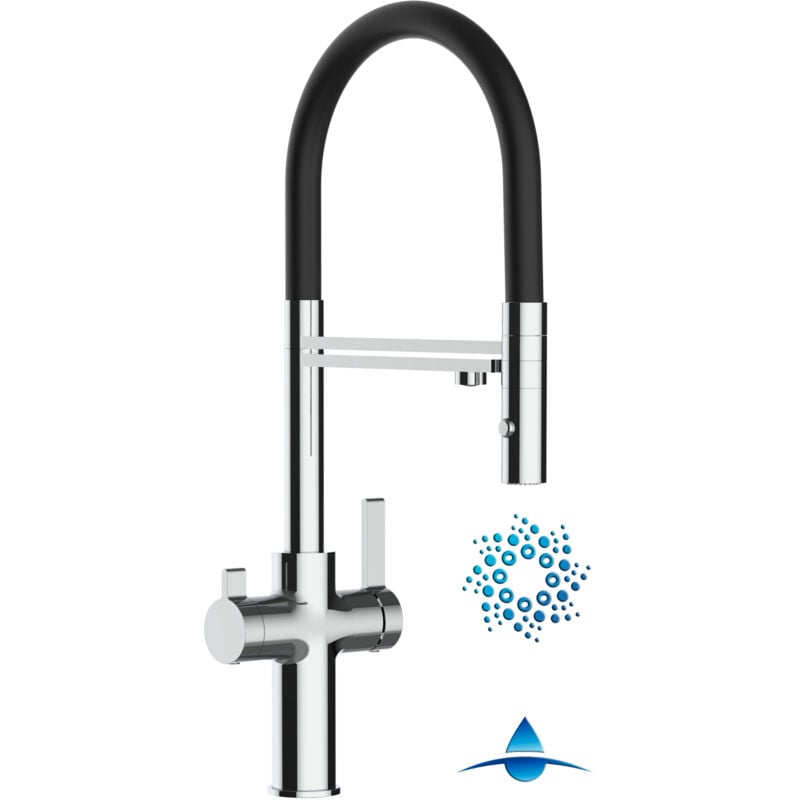 foto del prodotto rubinetto 4 vie miscelatore cucina cromato con canale separato per acqua filtrata, canna nera movibile e doccia due getti staccabile serie fc