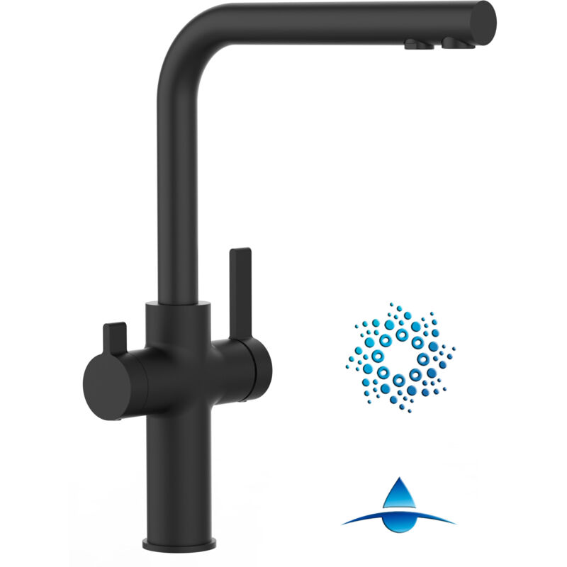 foto del prodotto rubinetto 4 vie miscelatore cucina nero opaco con canale separato per acqua filtrata, canna a l serie fc