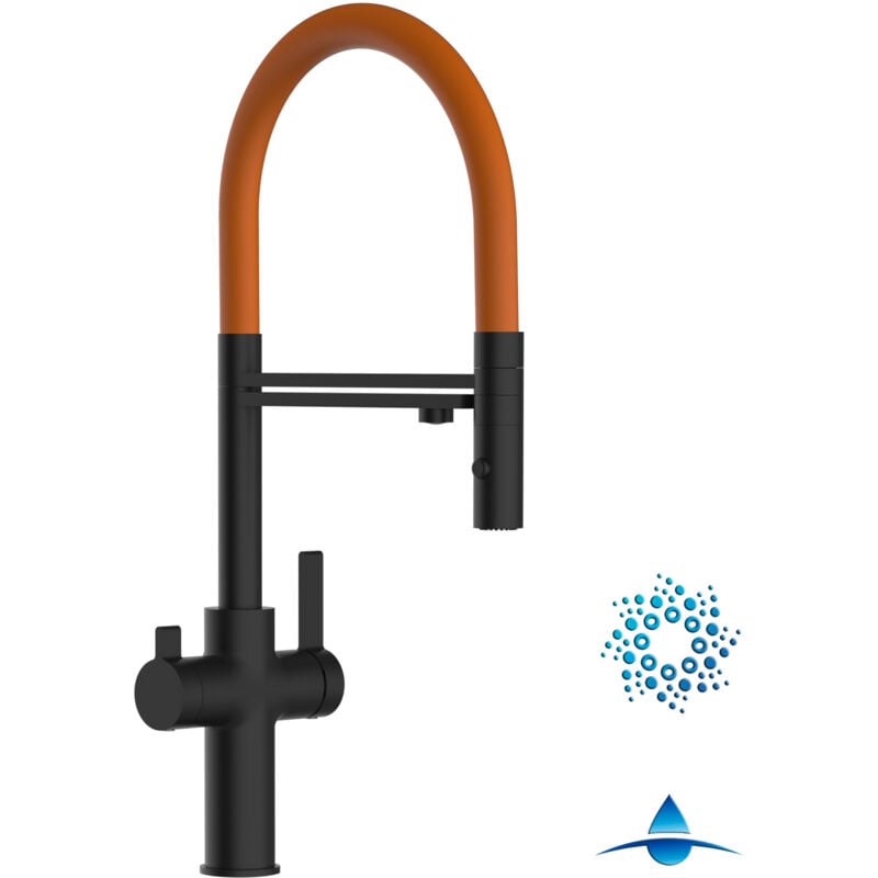 foto del prodotto rubinetto 4 vie miscelatore cucina nero opaco con canale separato per acqua filtrata, canna arancione movibile e doccia due getti staccabile - serie
