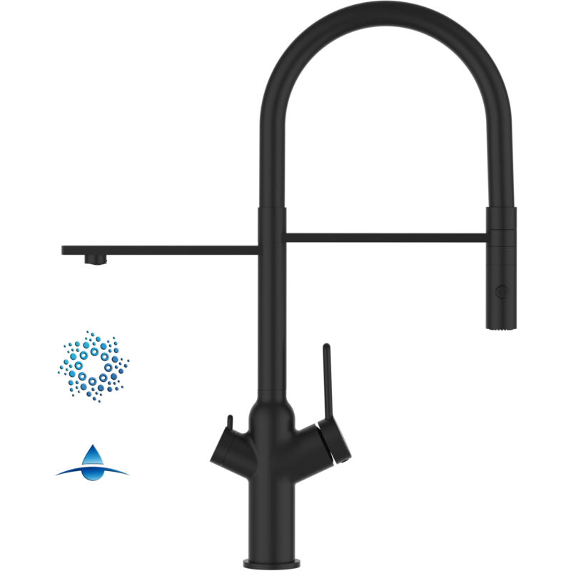 foto del prodotto rubinetto 4 vie miscelatore cucina nero opaco con canale separato per acqua filtrata, canna nera movibile e doccia due getti staccabile serie bod