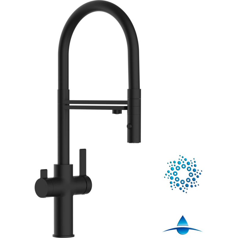 foto del prodotto rubinetto 4 vie miscelatore cucina nero opaco con canale separato per acqua filtrata, canna nera movibile e doccia due getti staccabile serie fc