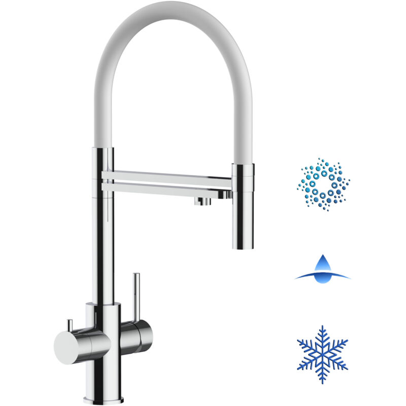 foto del prodotto rubinetto 5 vie miscelatore lavello cucina in acciaio inox lucido canna bianca movibile e doccia 2 getti staccabile acciaio chirurgico aisi 316