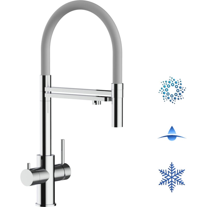 foto del prodotto rubinetto 5 vie miscelatore lavello cucina in acciaio inox lucido canna grigia movibile e doccia 2 getti staccabile acciaio chirurgico aisi 316
